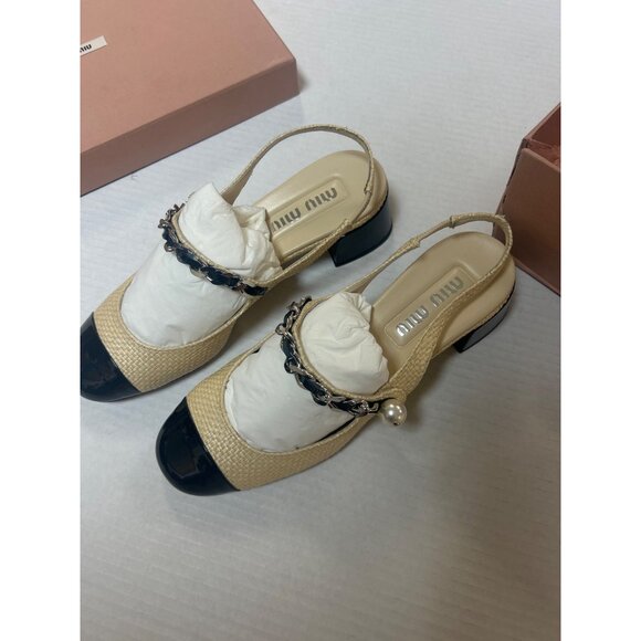 MIU MIU Leather Trimmed Raffia Slingback Pumps Naturals Size 39 NWT - Picture 2 of 7